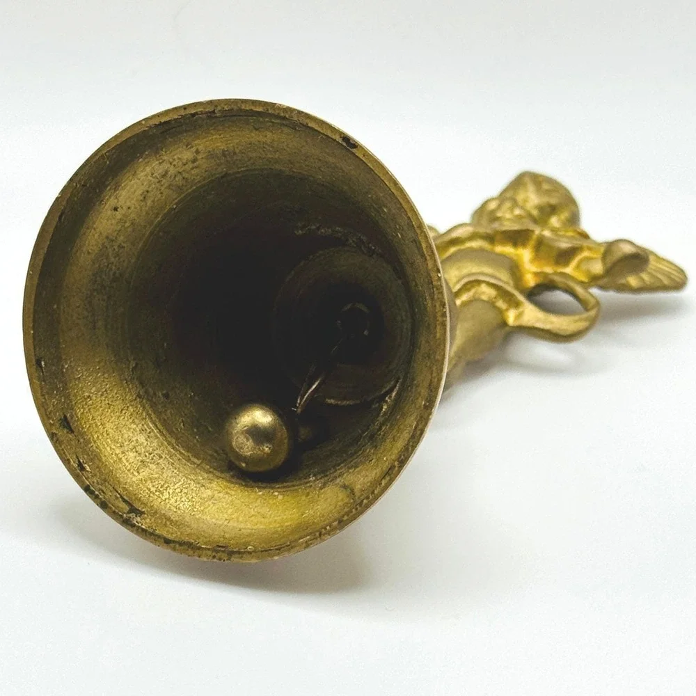 Vintage‎ Brass Cherub Angel Bell Violin Player Hand Bell Cupid Figurine Decor